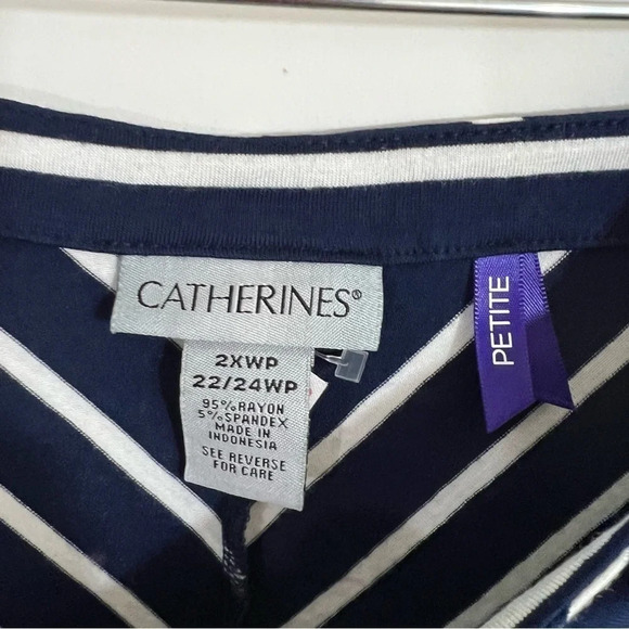 Catherines Blouse 2XW Petites Navy Blue White Stripes Cold Shoulder Stretch Plus - Picture 8 of 8